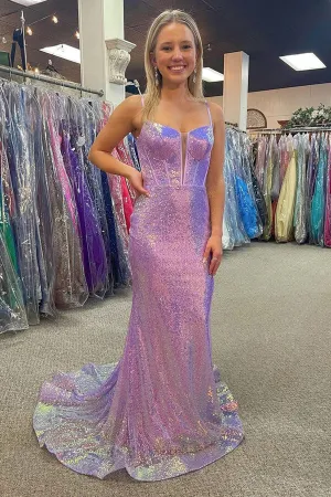 Sparkly Mermaid Spaghetti Straps V-neck Long Prom Dresses With Train, MP860