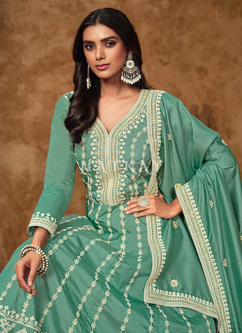Teal Blue Silk Anarkali Suit