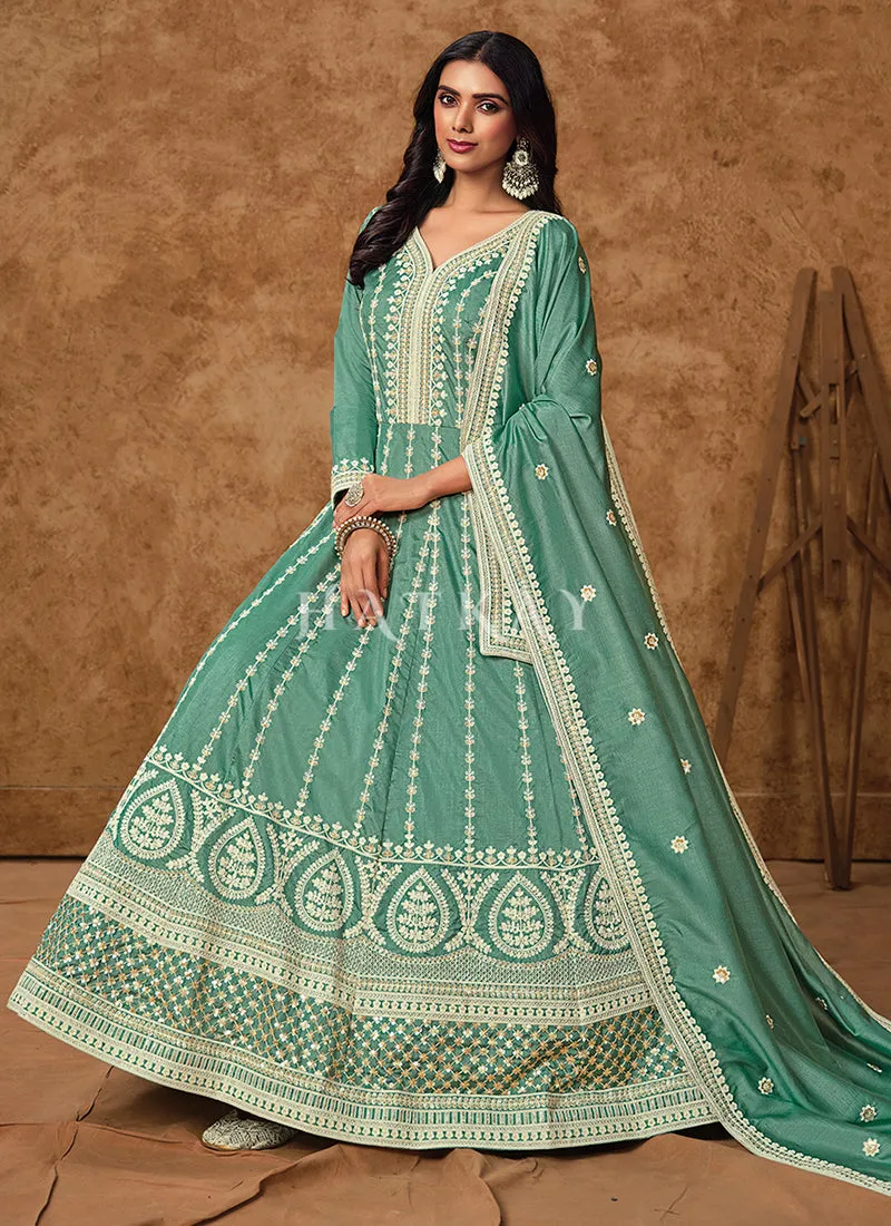 Teal Blue Silk Anarkali Suit