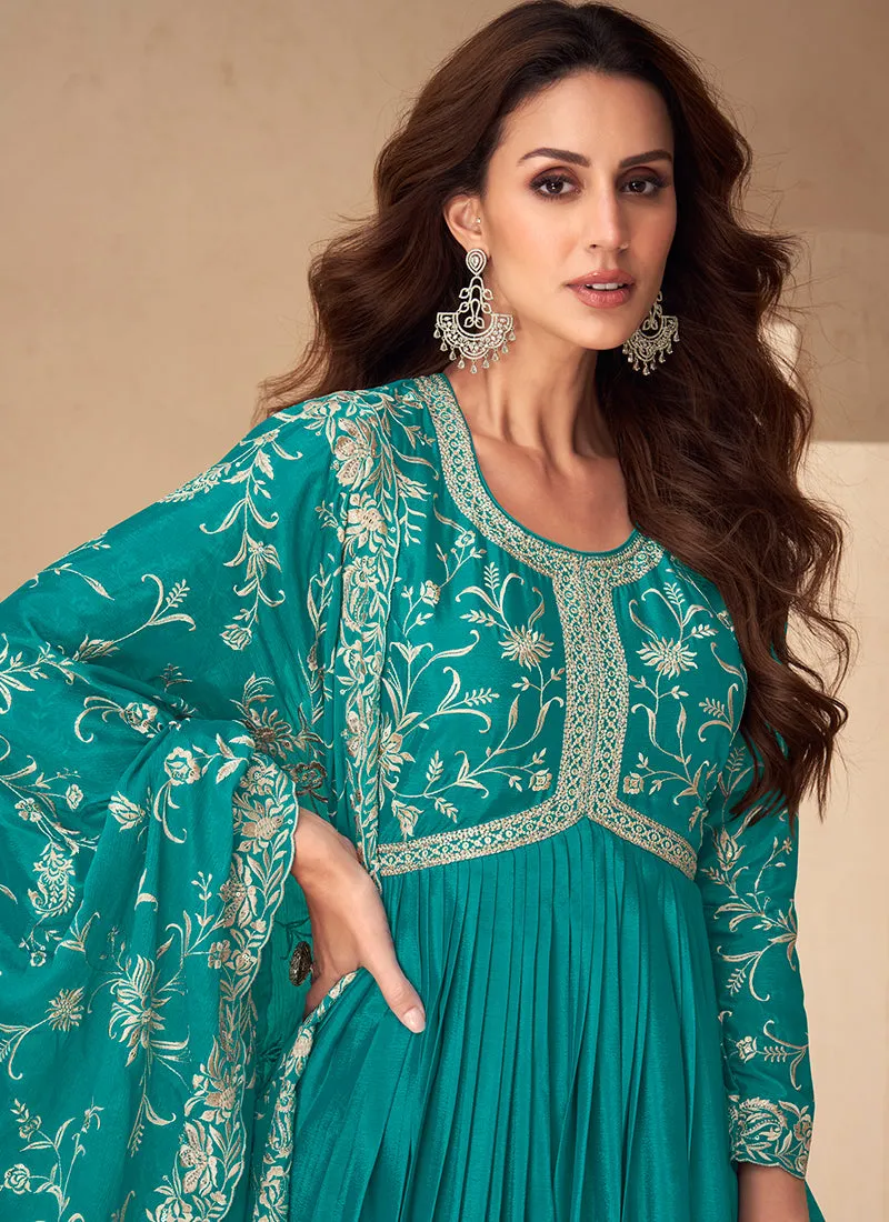 Teal Blue Traditional Embroidery Anarkali Gown Dress