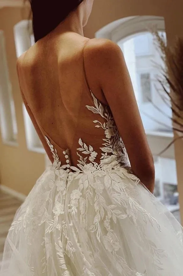 Tulle A-line Sheer Neck Wedding Dress With Lace Appliques, Bridal Gown, MW917
