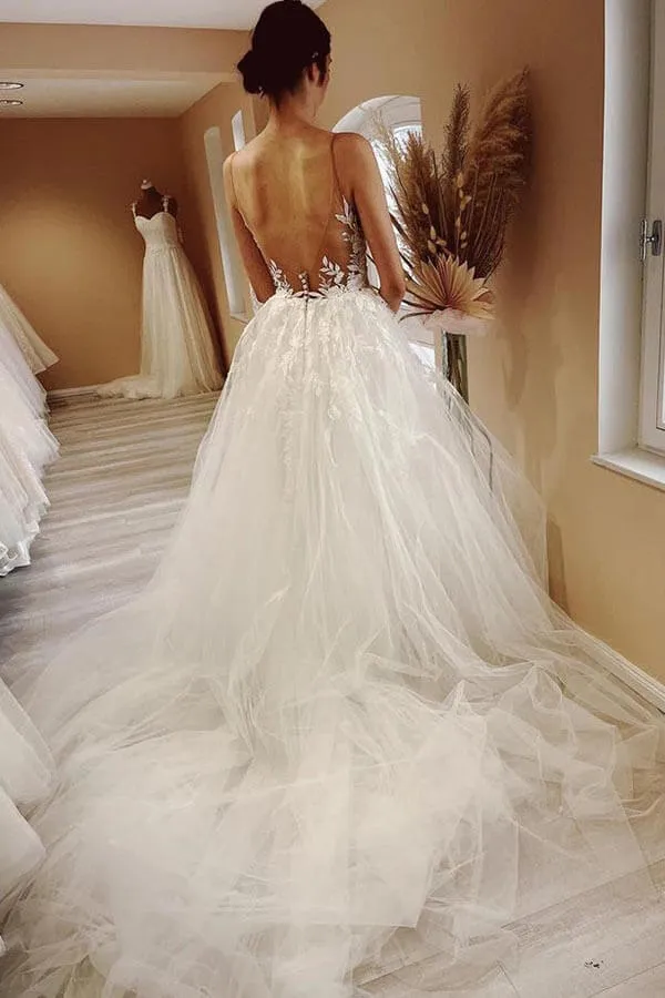 Tulle A-line Sheer Neck Wedding Dress With Lace Appliques, Bridal Gown, MW917
