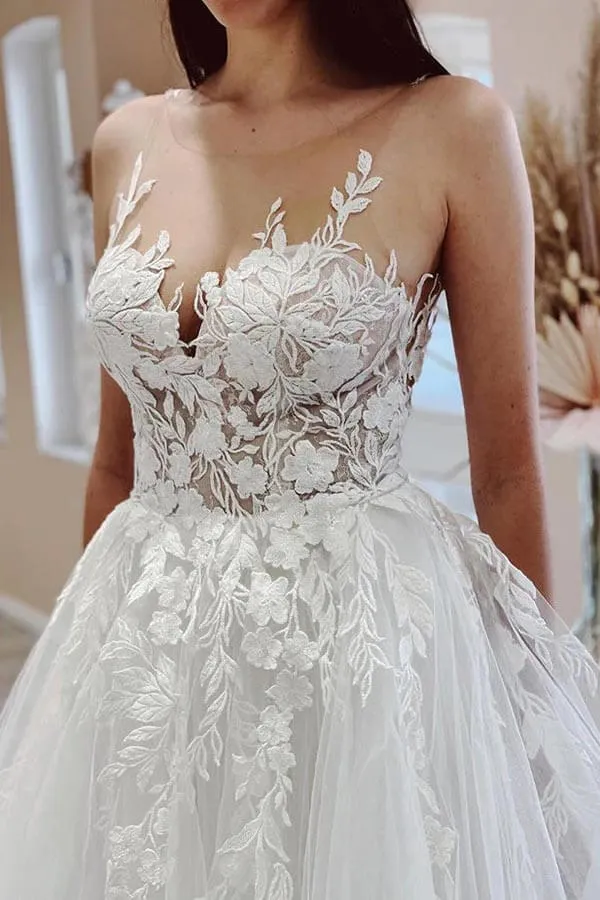 Tulle A-line Sheer Neck Wedding Dress With Lace Appliques, Bridal Gown, MW917