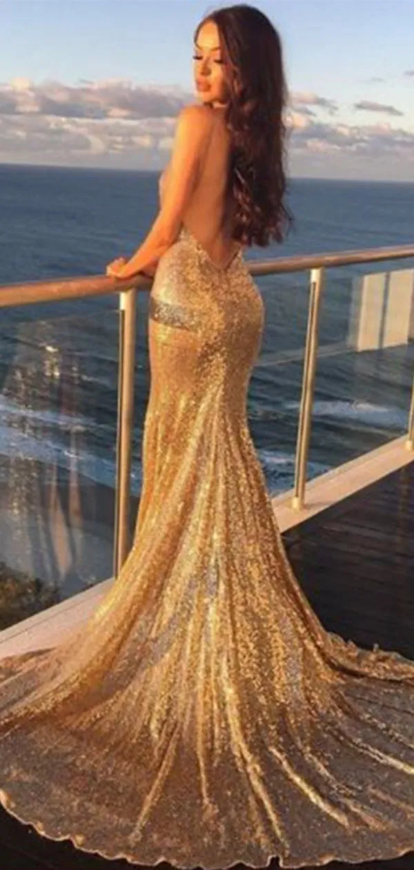 Unique Spaghetti Strap Sleeveless Mermaid Sequin Gold Long Evening Prom Dresses Online, OLP662