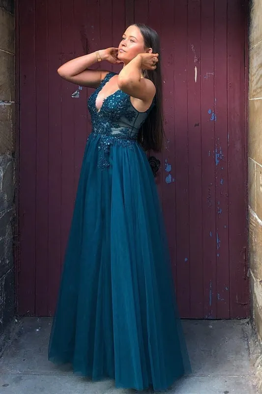 V Neck and V Back Blue Lace Beaded Long Prom, Long Blue Lace Formal Evening