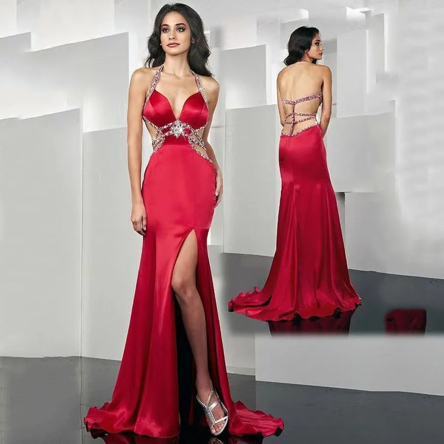 V-Neck Mermaid Beaded Dresses with Slit Sweep Train