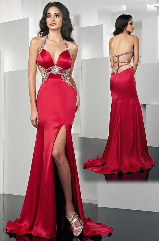 V-Neck Mermaid Beaded Dresses with Slit Sweep Train
