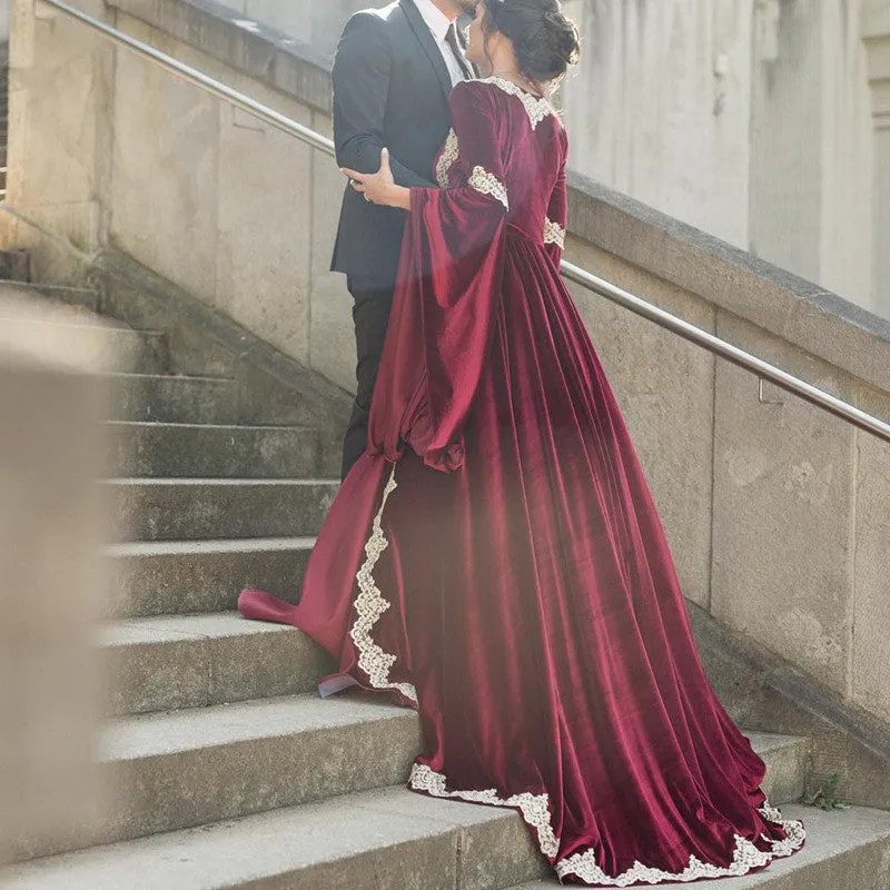 velvet Burgundy prom dresses ball gown 2020 lace appliqué beaded vintage Dubai fashion arabic prom gowns