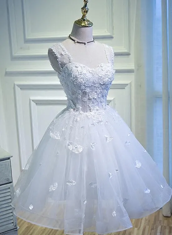 White Lovely Tulle with Lace Princess Cute Sweetheartt Short Party Dress, White Short Prom Dresses