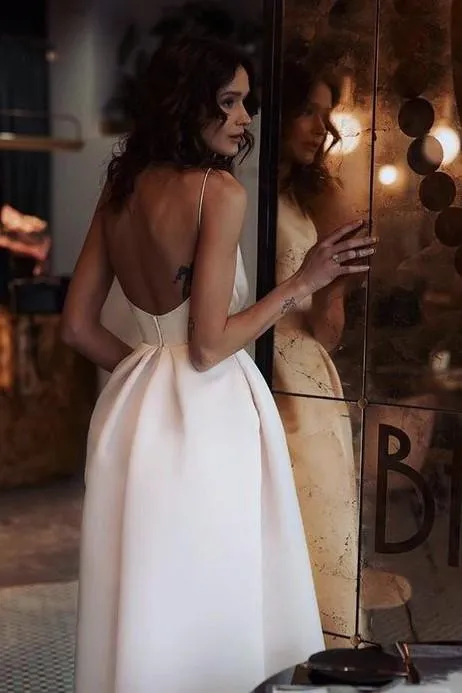 White Satin Short Prom Dress with Pockets