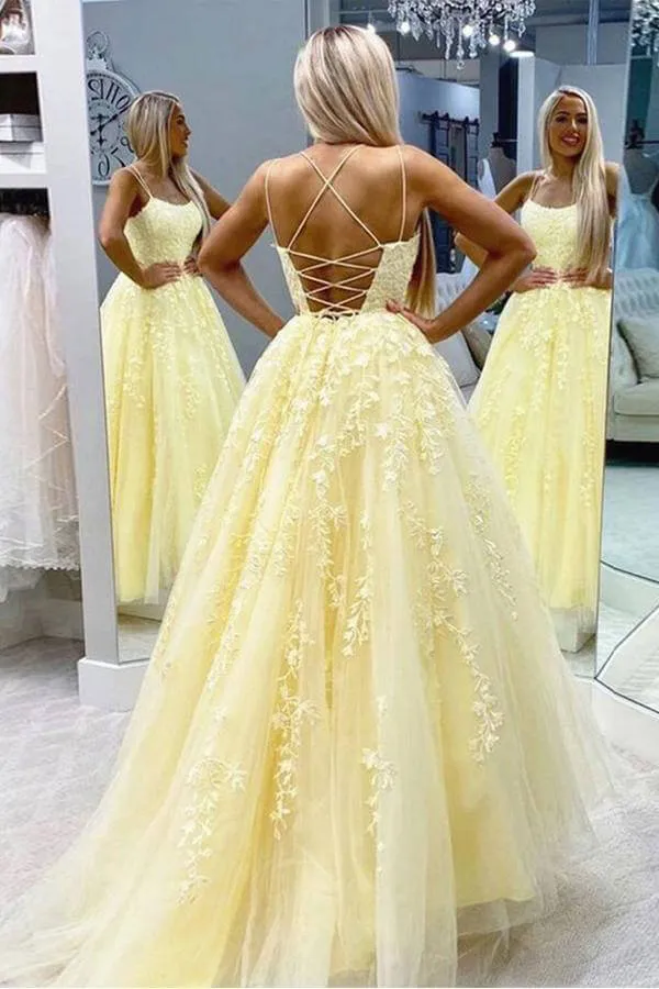 Yellow Tulle Spaghetti Straps Scoop A-Line Prom Dresses with Appliques, MP628