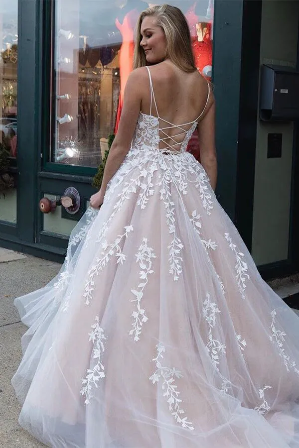 Yellow Tulle Spaghetti Straps Scoop A-Line Prom Dresses with Appliques, MP628
