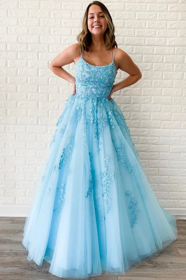 Yellow Tulle Spaghetti Straps Scoop A-Line Prom Dresses with Appliques, MP628