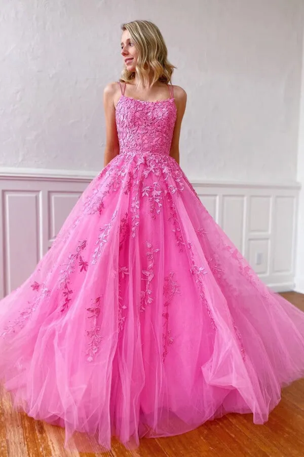 Yellow Tulle Spaghetti Straps Scoop A-Line Prom Dresses with Appliques, MP628