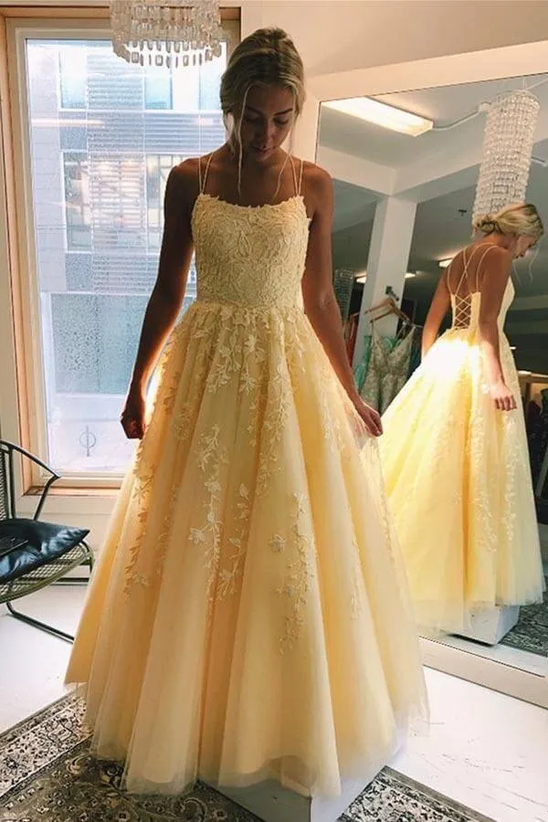 Yellow Tulle Spaghetti Straps Scoop A-Line Prom Dresses with Appliques, MP628