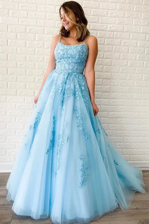 Yellow Tulle Spaghetti Straps Scoop A-Line Prom Dresses with Appliques, MP628