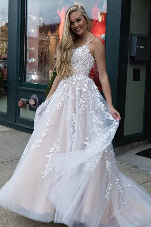 Yellow Tulle Spaghetti Straps Scoop A-Line Prom Dresses with Appliques, MP628