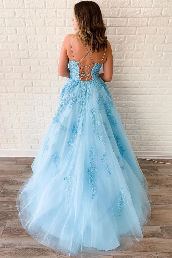 Yellow Tulle Spaghetti Straps Scoop A-Line Prom Dresses with Appliques, MP628