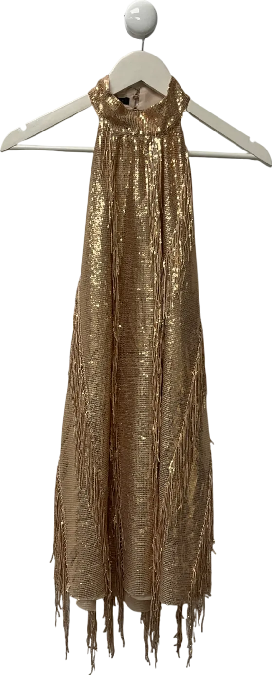 ZARA Metallic Gold Sequin Tassel Dress UK S